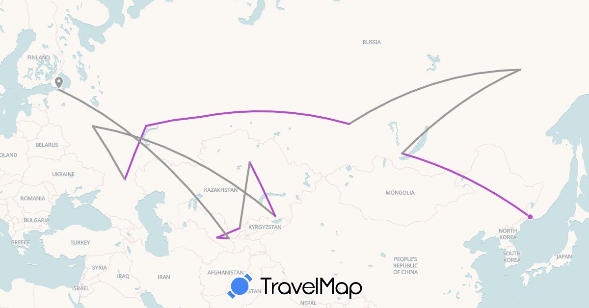 TravelMap itinerary: driving, plane, train in Kazakhstan, Russia, Uzbekistan (Asia, Europe)